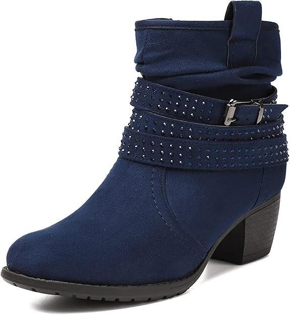 Women's Mid Calf Boots,Round Toe Comfort Low Heel Slouchy Dress zip booties with Jeweled strap | Amazon (US)
