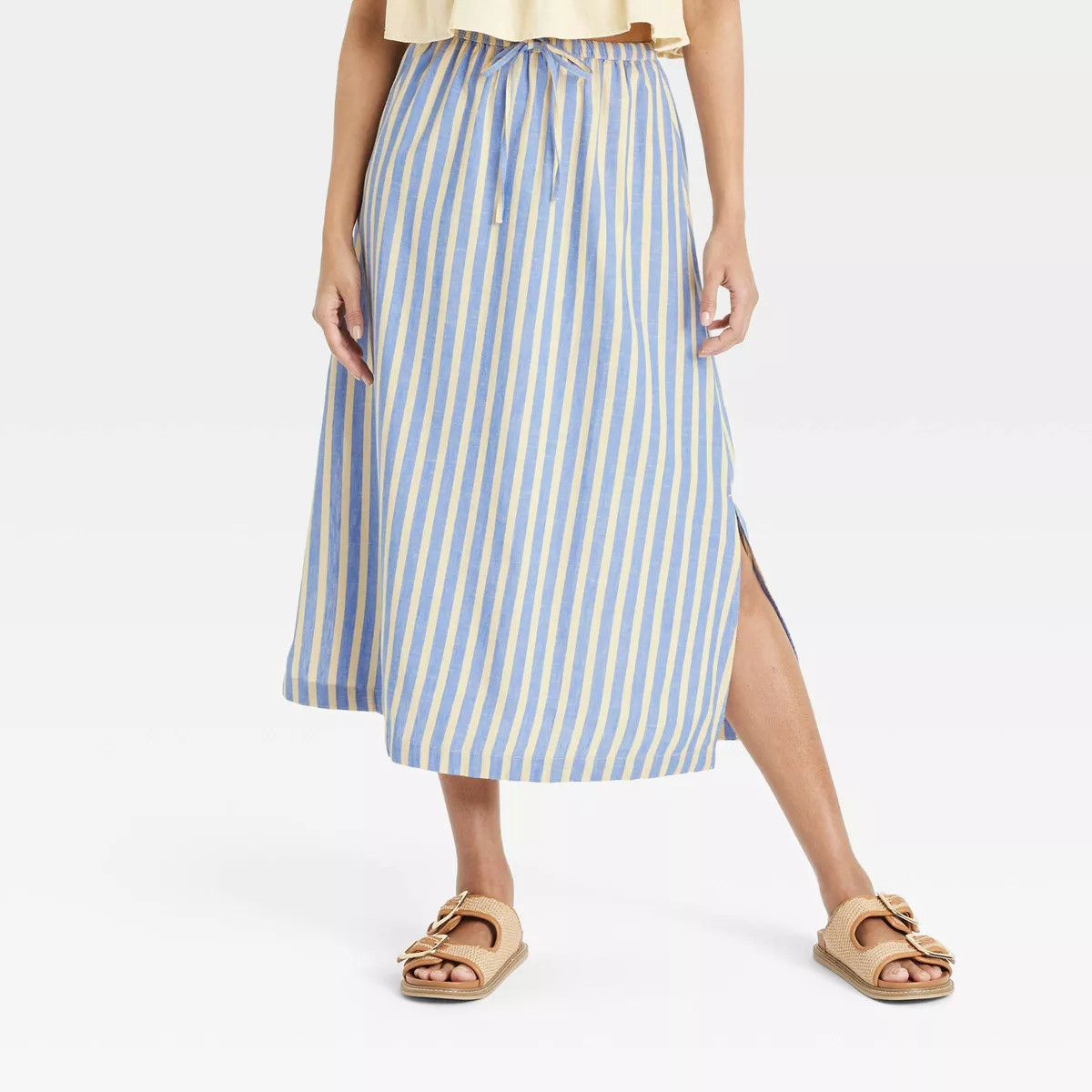 Women's Tie-Front Midi A-Line Skirt - Universal Thread™ Blue/Yellow Striped M | Target