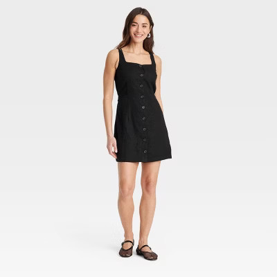 Women's Linen Mini Vest Dress - A New Day™ Black L: Squareneck, Sleeveless, Front Button Down, Full Lining, Front Pocket | Target