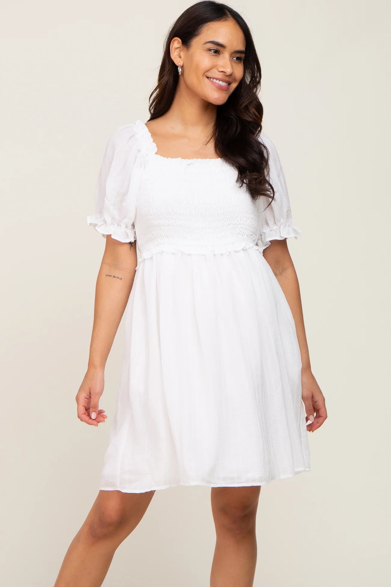 White Smocked Puff Sleeve Maternity Dress | PinkBlush Maternity