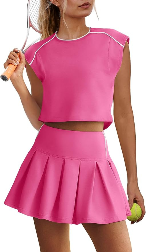 Yanekop Womens Tennis Skirt Set Two Piece Workout Sets Pleated Skort Sets 2 Piece Outfits Golf At... | Amazon (US)