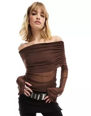 COLLUSION extreme bardot long sleeve mesh top in brown | ASOS | ASOS (Global)