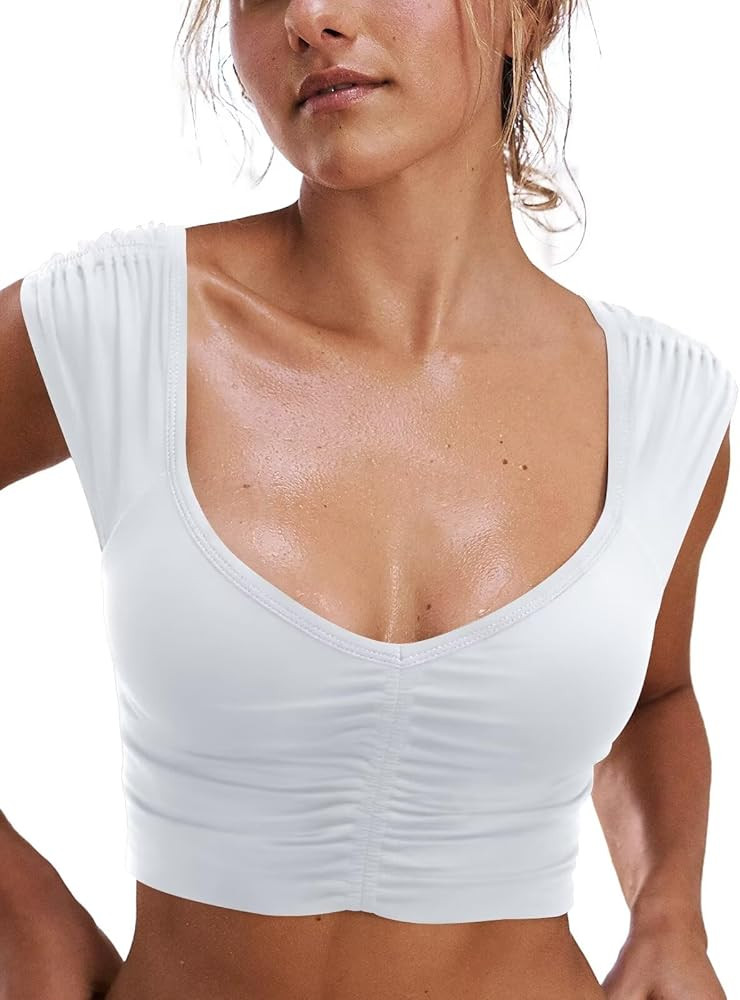 Bliwov Womens Tank Tops 2024 Fashion Summer Ruched Front Cap Sleeve Sports Yoga Fitness Cutout Ba... | Amazon (US)