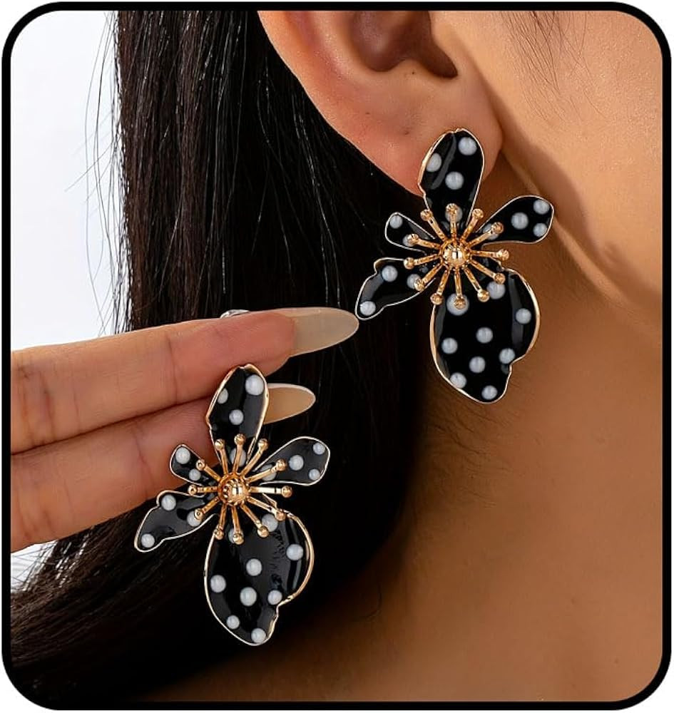 Statement Flower Drop Earrings for Women, Gold Tone Black White Polka Dot Floral Dangle Earrings ... | Amazon (US)