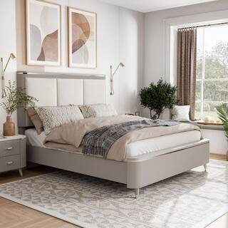 Quill Gray Wood Frame Queen Panel Bed with Upholstered Headboard | The Home Depot