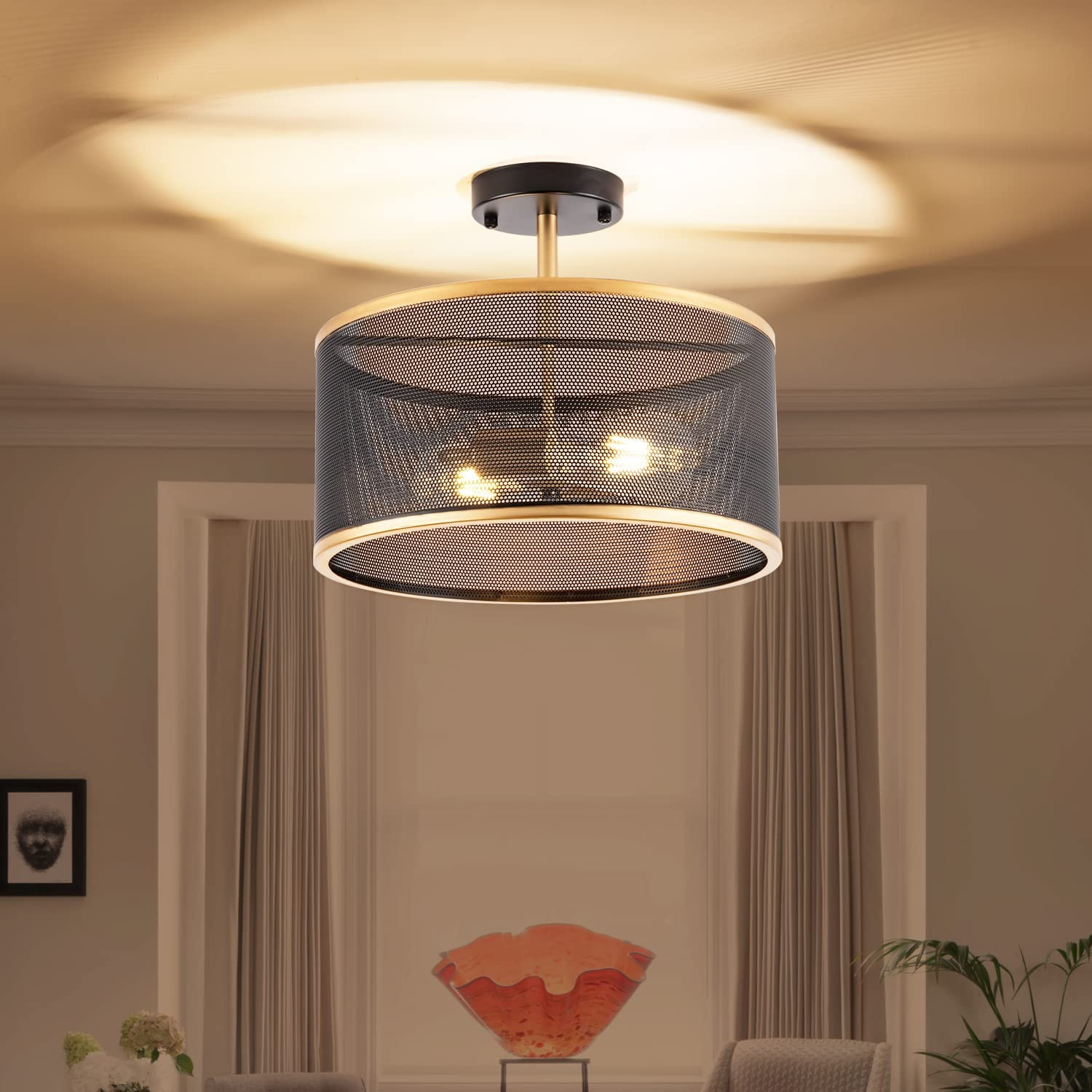 13.8" Modern Semi Flush Mount Chandelier Ceiling Light Fixtures, 2-Light Black Gold Industrial Vi... | Amazon (US)