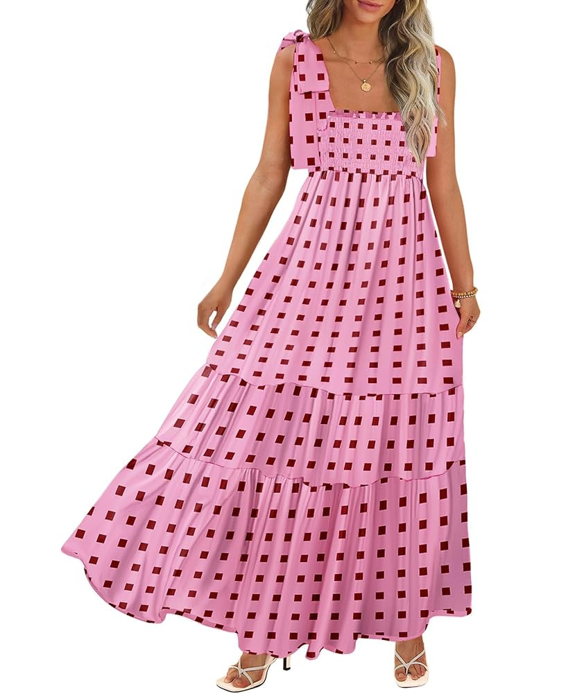 Women's Summer Maxi Dress Boho Spaghetti Straps Casual Long A-line Smocked Beach Dress Square Nec... | Amazon (US)