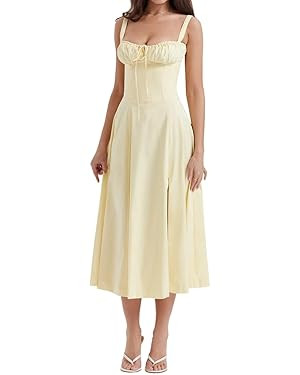 2024 Women Floral Corset Summer Dress Square Neck Sleeveless Slit Hem Backless Dress Lace Up Flow... | Amazon (US)