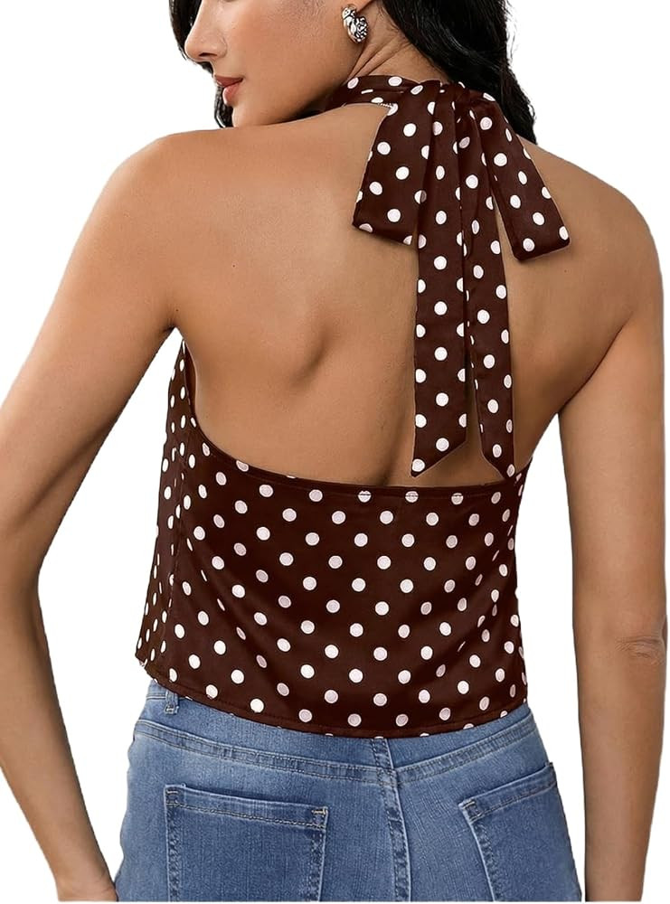 MakeMeChic Women's Satin Silk Halter Tank Tops Open Back Going Out Top | Amazon (US)
