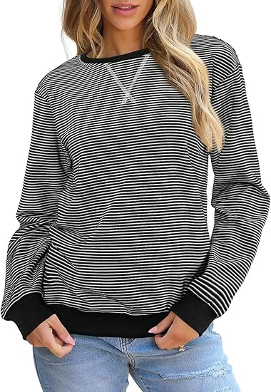 SHEWIN Womens Striped Sweatshirt Crewneck Casual Long Sleeve Pullover Tops Trendy 2025 | Amazon (US)
