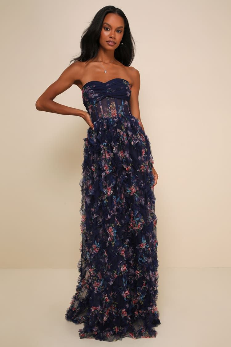 Stunning Element Navy Floral Mesh Ruffled Strapless Maxi Dress | Lulus