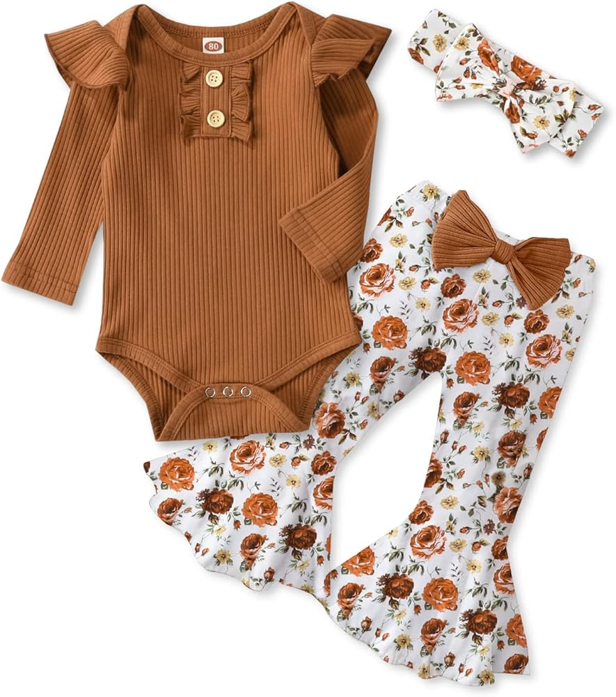 Kislio Newborn Baby Girls Clothes Ribbed Ruffled Romper+Floral Pants+Headband Infant Outfit Set | Amazon (US)