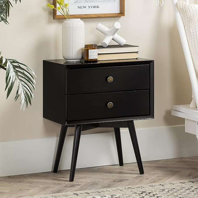 Walker Edison Ella Mid Century Modern 2 Drawer Solid Wood Nightstand, 1 Pack, Black | Amazon (US)