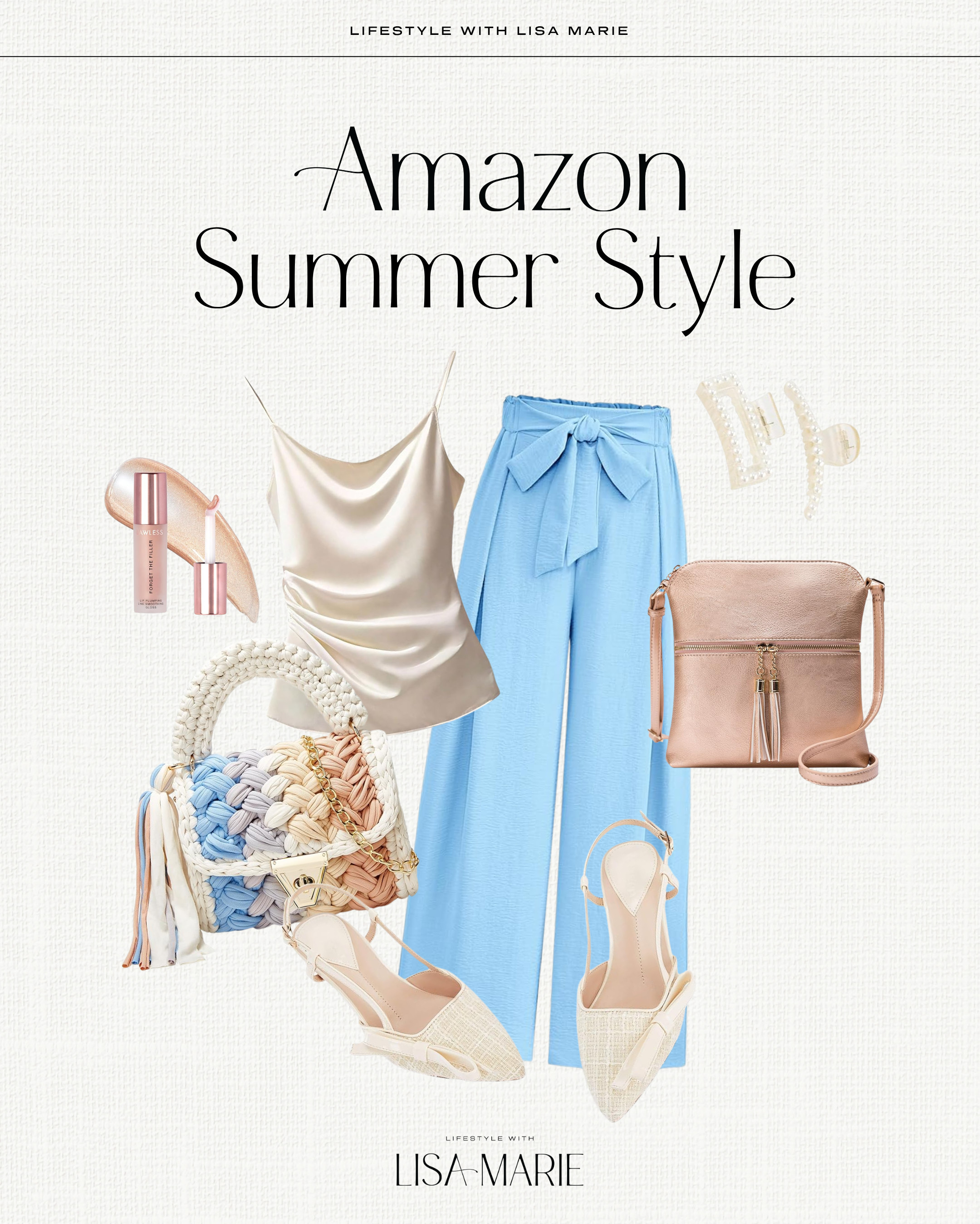 The cutest summer outfit from Amazon for an event, shower, brunch or professional lunch - just throw on a blazer! Ivory and beige silk and satin tops. High-waisted trousers. Rose gold purses, lip gloss, jewelry and accessories. Linen heels. Crochet clutches, purses and handbags. Pearl hair clips and accessories. Pastel spring and summer outfits.

#LTKSeasonal #LTKPetite #LTKWorkwear