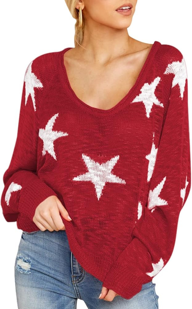 COCOLEGGINGS Women's Scoop Neck Long Sleeve Star Pullover Sweater Tunic Tops | Amazon (US)