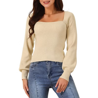 Seta T Women's Fall Winter Square Neck Long Bishop Sleeve Ribbed Knit Solid Sweaters Beige X-Large | Target