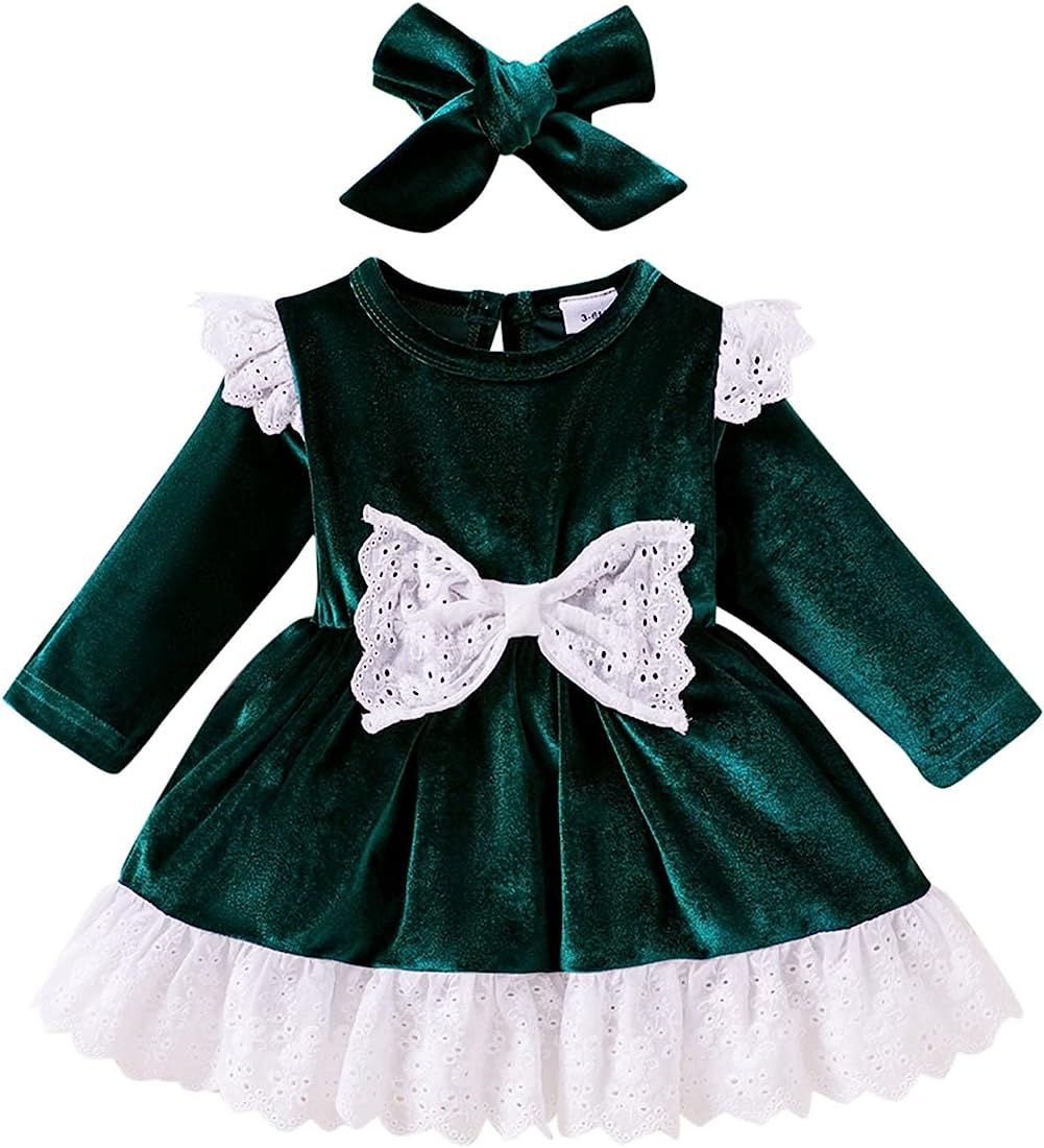 Toddler Baby Girls Green Velvet Dress Long Sleeve Ruffle Bowknot Princess Dress with Headband Set | Amazon (US)