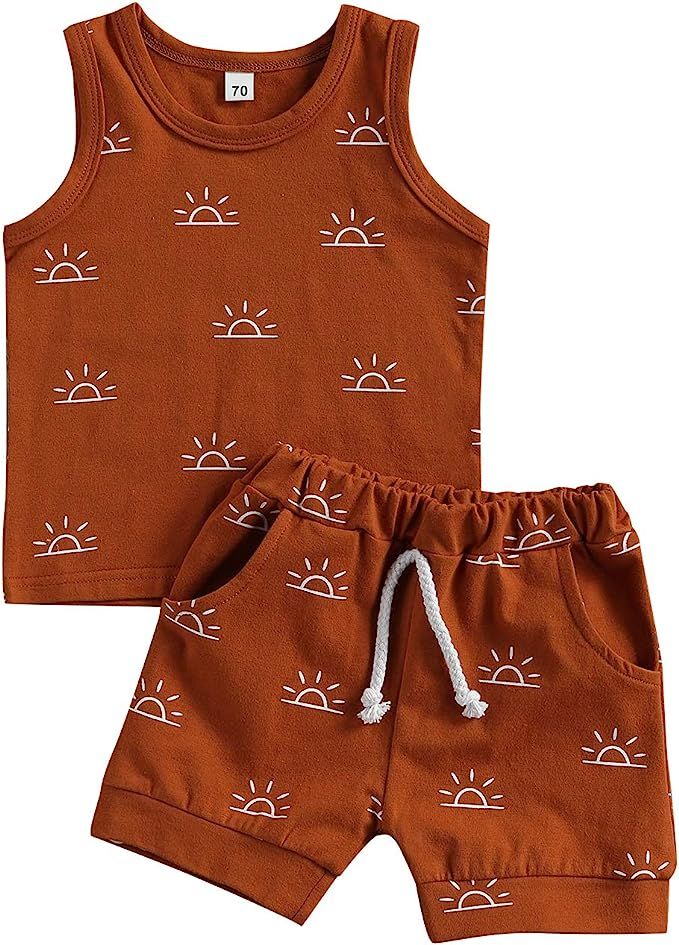 Toddler Baby Boys Girls Summer 2Pcs Set Sun Rise Print Sleeveless Vest Tops + Pockets Shorts Sets | Amazon (US)