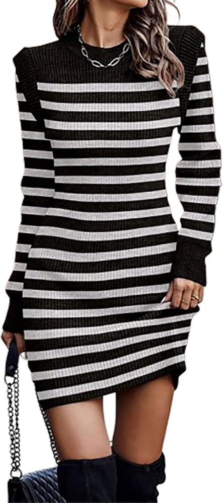 LOAIHA Womens Striped Sweater Dress Mock Neck Long Sleeve Bodycon Jumper Dress Knit Ribbed Hip-Co... | Amazon (US)
