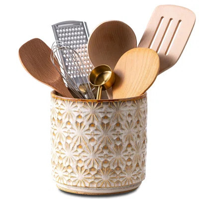 Utensil Holder Rustic Farmhouse Ceramic Utensil Crock For Countertop - 5.3" Handcrafted Kitchen Cooking Utensil Crocks | Wayfair North America