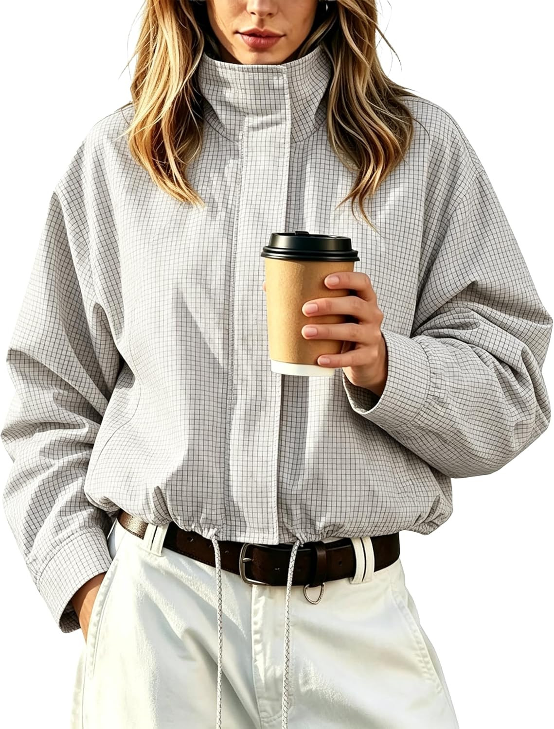 Womens Gingham Jacket Casual Lightweight Cropped Coat | Amazon (US)