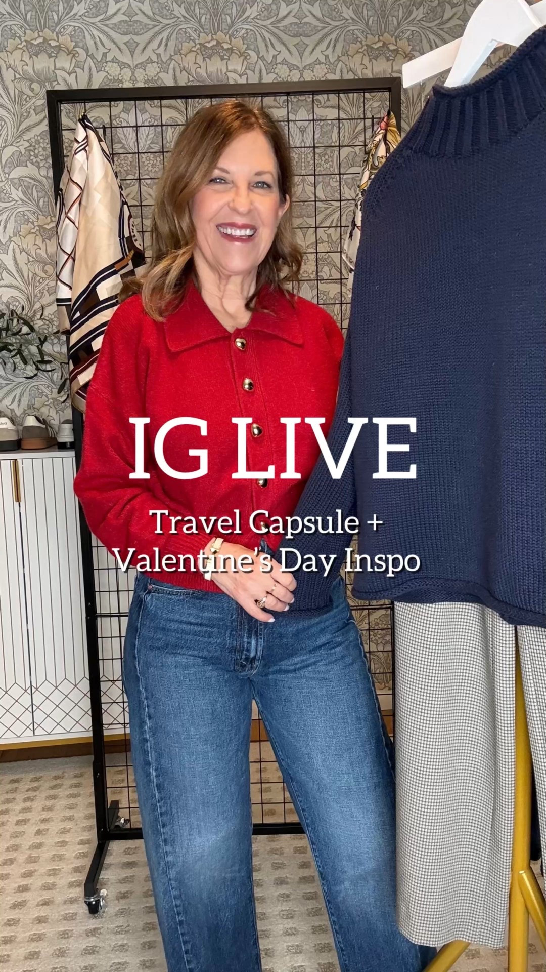By request- Today’s IG Live showcases a travel capsule and casual Valentine’s Inspo. 

1 jacket- is oversized.  I'm wearing an XS
2 sweaters- tts.  I'm wearing XS
1 collared T-shirt- I'm wearing a small
1 t-shirt- tts I'm wearing a small
3 travel-friendly pants- tts. I'm wearing a size small (2). 
Loafers, sneakers run big, size down a half size. 
Boot runs small - size up a half size. 


#LTKootd #LTKValentine #LTKOver40