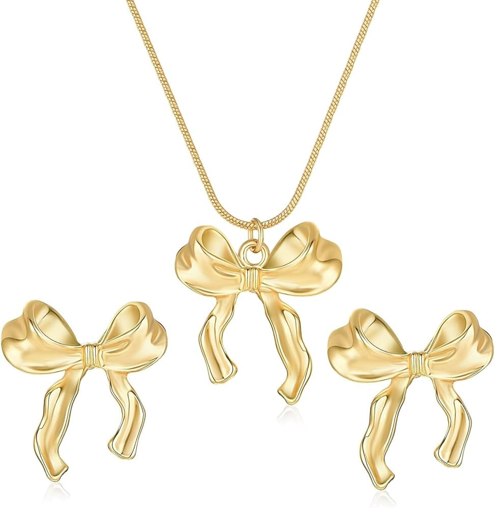 Gold Bow Earrings Necklace Jewelry Set for Women, Cute Silver Ribbon Bowknot Stud Earrings Neckla... | Amazon (US)