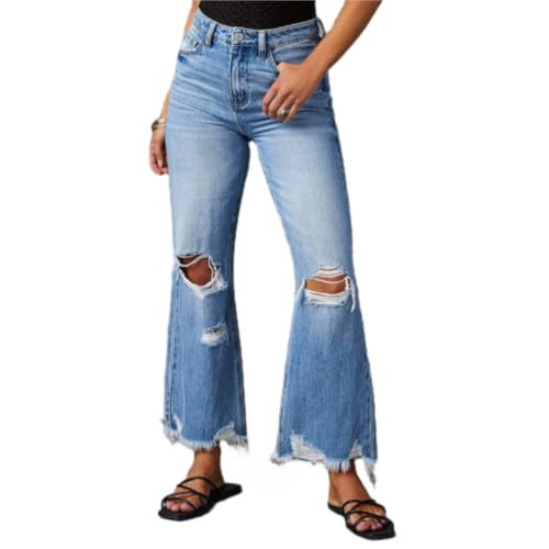 GSHLGAO Women's High Waist Straight Leg Ripped Jeans Distressed Baggy Jeans Wide Leg High Waist Loose Denim Pants (X-Large) Blue | Amazon (US)