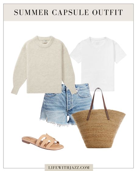 Light layering for the summer // knit sweater / denim shorts / white tee / sandals / tote bag 

#LTKunder100 #LTKstyletip #LTKSeasonal