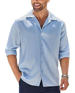 COOFANDY Men Luxury Silk Shirt Long Sleeve Satin Dress Shirt Shiny Button Down Prom Wedding Party... | Amazon (US)
