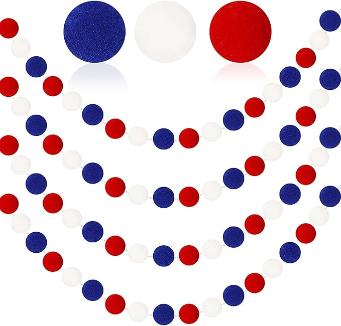 MARFOREVER 4 Pack 26.3 Feet 4th of July Pom Pom Garland Decorations, Red White Blue 30 Balls Inde... | Amazon (US)