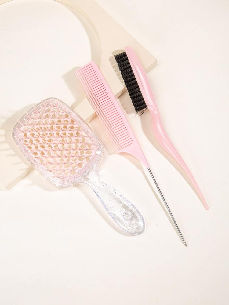 3pcs Hair Comb Set, Hollow Back Honeycomb Combribs Comb & Rat Tail Comb & Hair Edge Brush, For Cu... | SHEIN