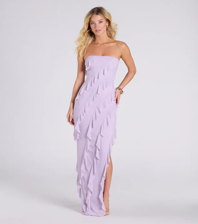 Gabby Formal Mesh Strapless Ruffle Long Dress | Windsor Stores