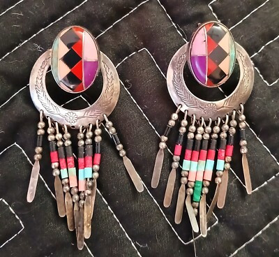 Vintage Sterling Silver Multi Stone Inlay Native American Indian Earrings Q.T.  | eBay | eBay US