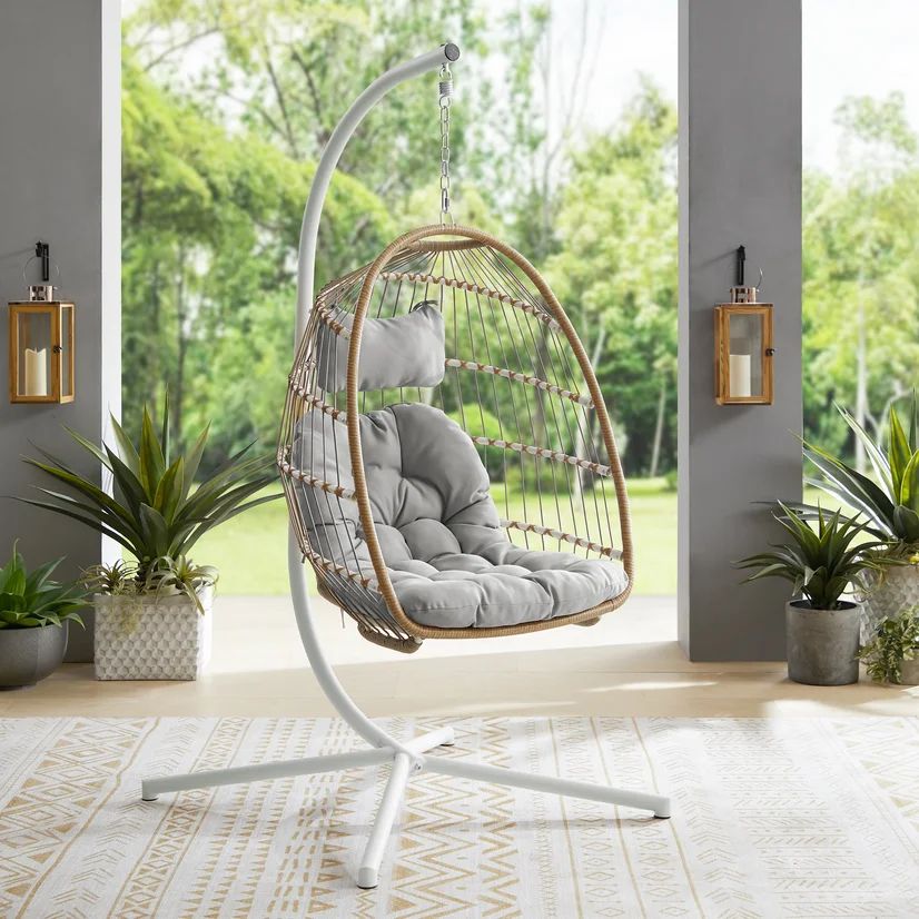 Manor Park Boho Rattan Hanging Chair with Cushion and Stand - Brown/Gray | Walmart (US)