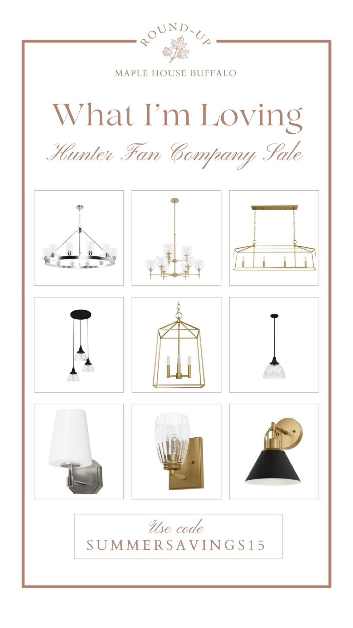 Did you know Hunter carries gorgeous light fixtures (in addition to ceiling fans)?! We have four fixtures in our home and look forward to adding to our collection. We are very happy with the quality and look of our fixtures. 

Kitchen pendant light | vintage-inspired lighting | modern-vintage | fluted glass pendant | transitional lighting | wall sconces | statement lighting | accent lighting | dining room chandelier | lantern pendant 