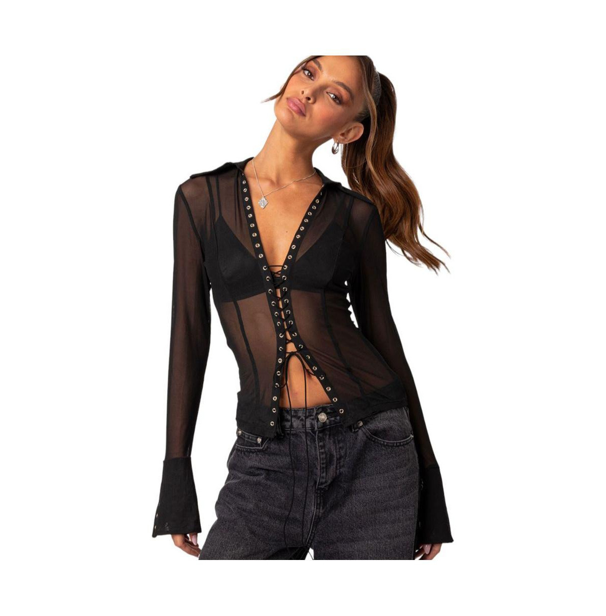 Women's Lace up sheer mesh top - Black | Macy's
