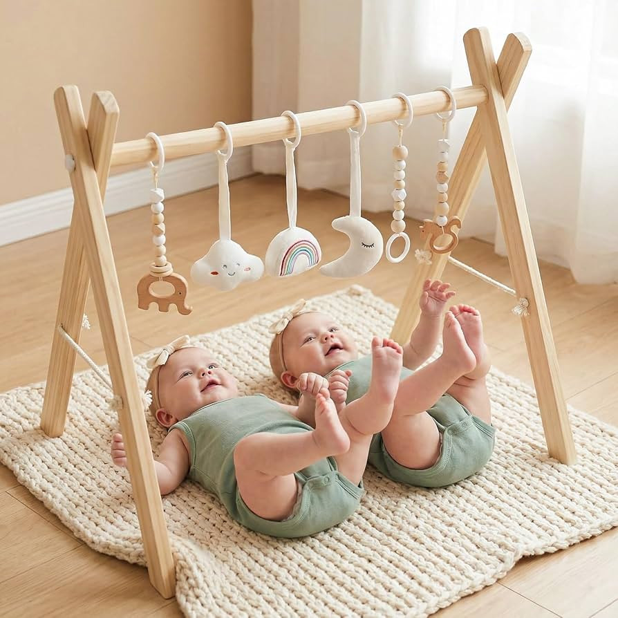 Mallify Wooden Baby Gym with 6 Gym Toys, Foldable Baby Play Gym, Natural Pine Wood Play Gym, Fram... | Amazon (US)