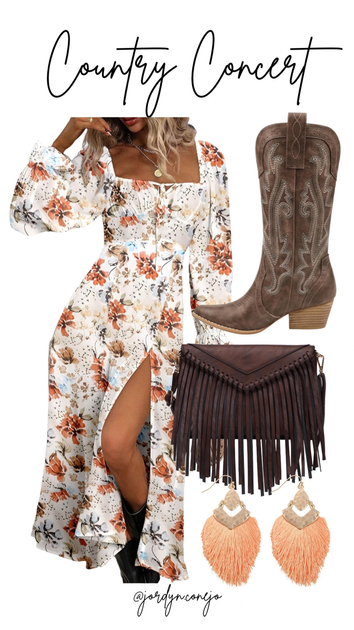 Country Concert Outfit- Long Sleeve Dress- Cowboy Boots- Fringe Purse- Floral Dress- Slit Dress- Fall Concert- Fringe Earrings- Nashville Outfit- Country Outfit- Country Girl Style

#LTKShoeCrush #LTKFindsUnder100 #LTKStyleTip