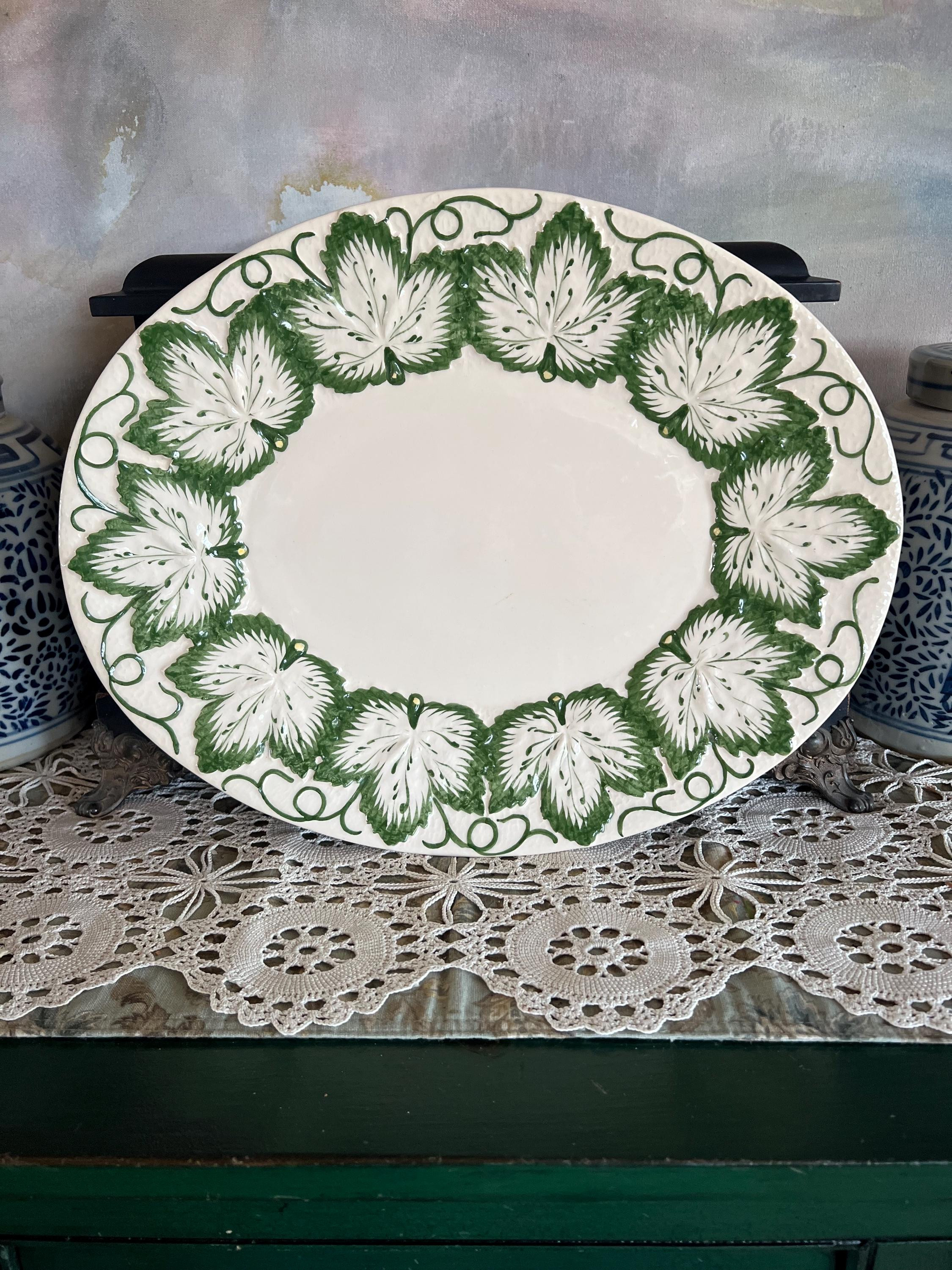 Olfaire Large Oval Majolica Platter Made In Portugal Green Vine And Raised Leaf Border | Etsy (Global)