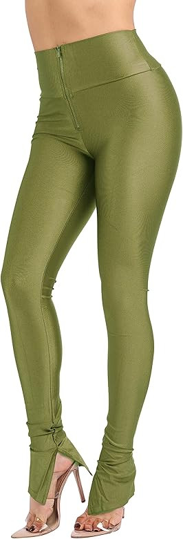 Shiny Skinny Leggings with Zipper - Stretch Active High Waist Tights Disco Party Club Night Out P... | Amazon (US)