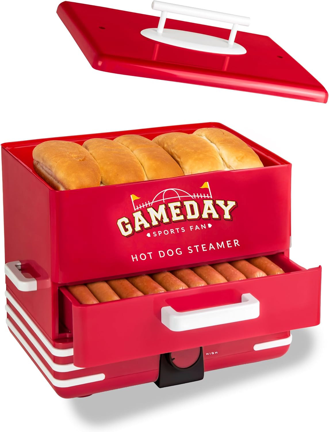 Game Day Hot Dog Steamer and Bun Warmer - Cooks 20 Dogs, Warms 6 Buns, and Steams Pot Stickers, Veggies, & Appetizers or Toppings - Red and Silver | Amazon (US)
