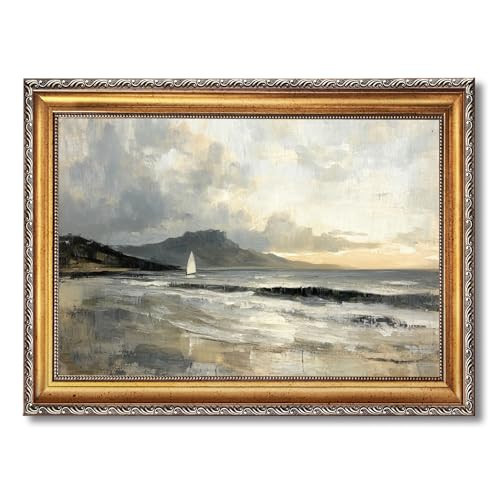 Gold Framed Vintage Coastal Landscape Wall Art Canvas Print Shore Seascape Painting Moody Impressionism Beach Sailboat Nature Poster Country Seaside Ocean Waterscape Picture Wall Decor 24x36inch | Amazon (US)