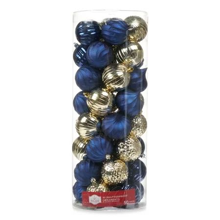 Holiday Time Navy and Gold Shatterproof Ball Christmas Ornaments 50 Count | Walmart (US)