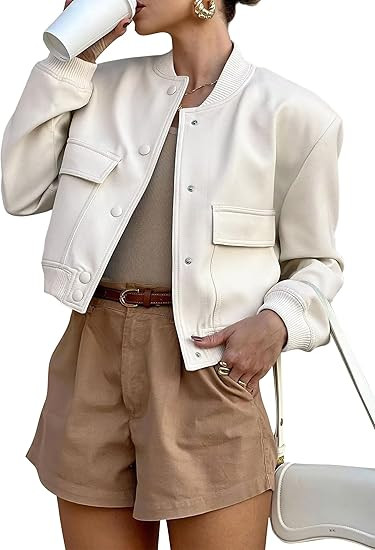ANRABESS Womens Bomber Jacket Button Cropped Casual Varsity Jackets Shackets Fall Trendy Fashion ... | Amazon (US)