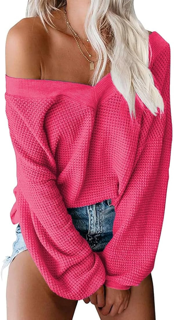 Tobrief Women's V Neck Long Sleeve Waffle Knit Tops Off Shoulder Oversized Pullover Sweater | Amazon (US)