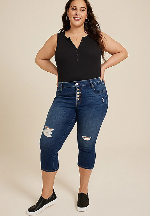 Plus Size m jeans by maurices™ Dark High Rise Button Fly Capri | Maurices