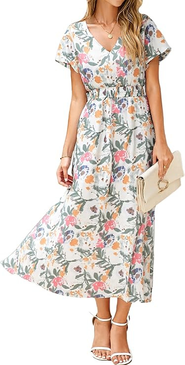Simplee Womens Floral Maxi Dress - Short Sleeve Summer Boho Wedding Guest Dress Empire Waist Chif... | Amazon (US)