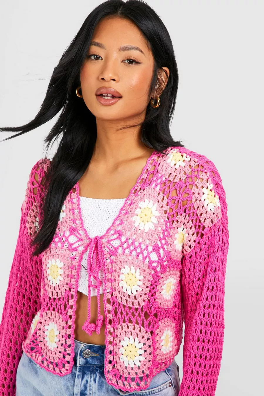 Petite Patchwork Crochet Tie Front Cardigan | boohoo (US & Canada)