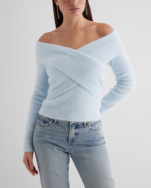 Faux Fur Off The Shoulder Surplice Sweater | Express